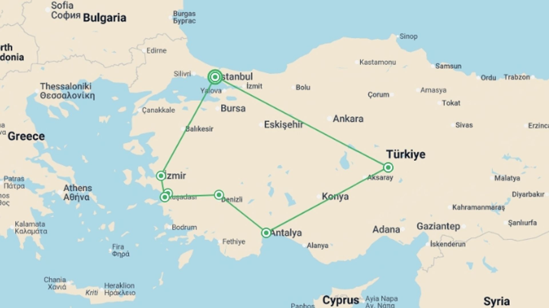 A map showing the tour itinerary for the trip: Ottoman Explorer (5 Star) - 12 days, starting in Istanbul, Turkey and ending in Istanbul, Turkey going through 3 other destinations.