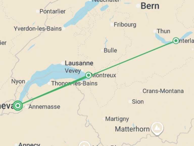 Map itinerary of Europe Tour in Winter with 3 destination visits for the trip: Switzerland Cities & Landscapes - 6 days