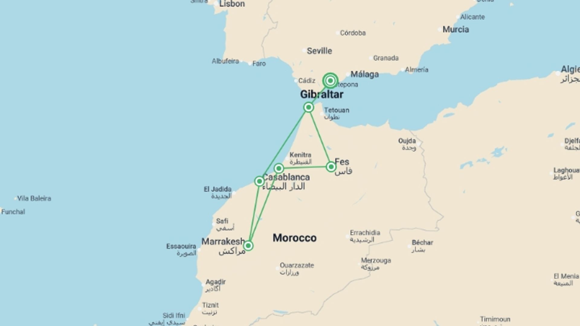 A map showing the tour itinerary for the trip: Costa del Sol to Casablanca - 5 days, starting in Costa del Sol, Spain and ending in Costa del Sol, Spain going through 3 other destinations.