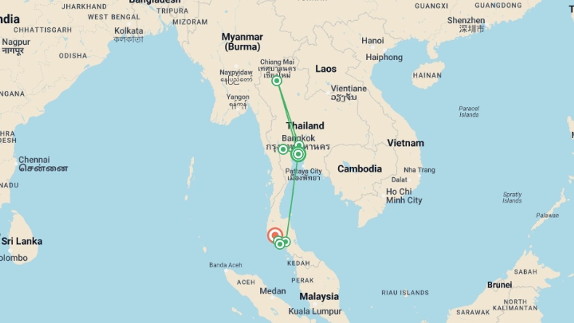 A map showing the tour itinerary for the trip: Classic Thailand - West Coast, starting in Bangkok, Thailand and ending in Ao Nang, Thailand going through 5 other destinations.