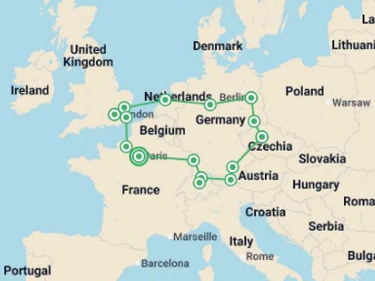 Map itinerary of London Tour in Winter with 9 destination visits for the trip: Paris, London and Central Capitals