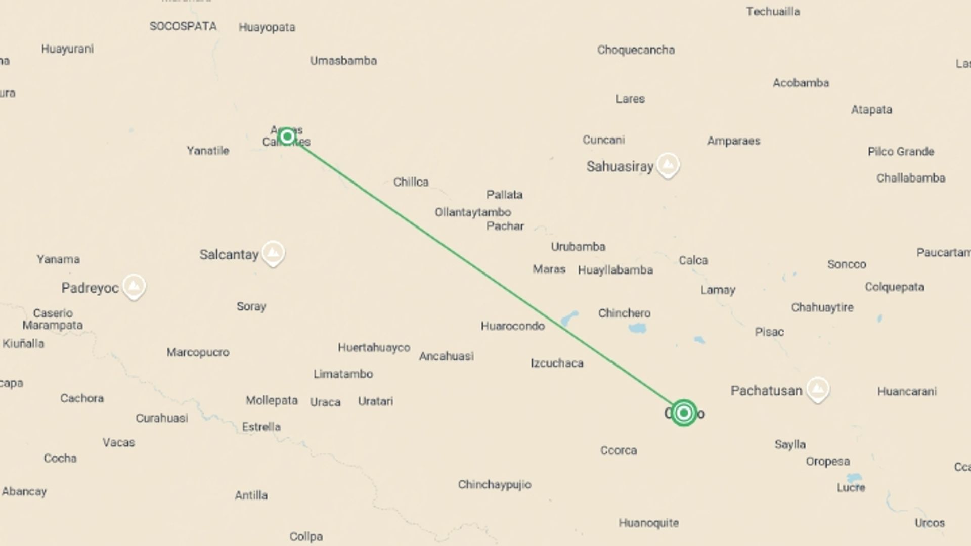 A map showing the tour itinerary for the trip: Two-Day Short Inca Trail to Machu Picchu—Private Service, starting in Cusco, Peru and ending in Cusco, Peru going through 1 other destinations.