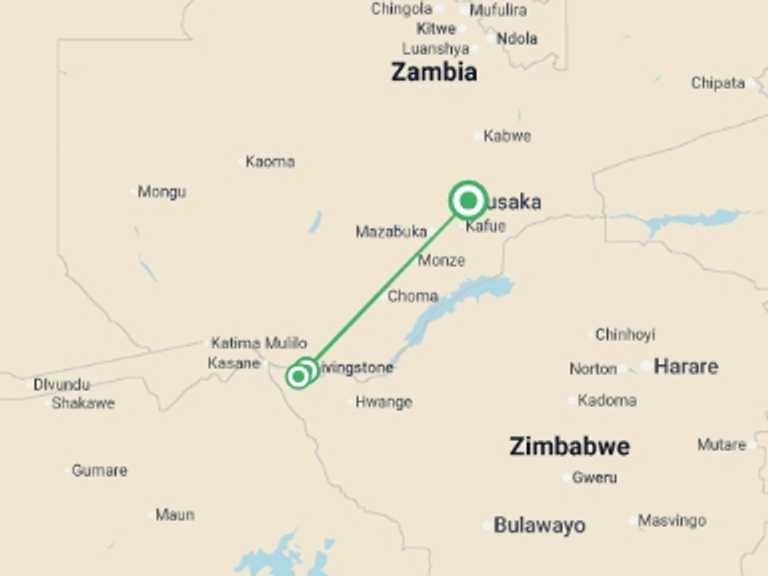 Map of a Wildlife safaris and game drives Tour with 3 destination visits for the trip: Zambezi Canoe Safari