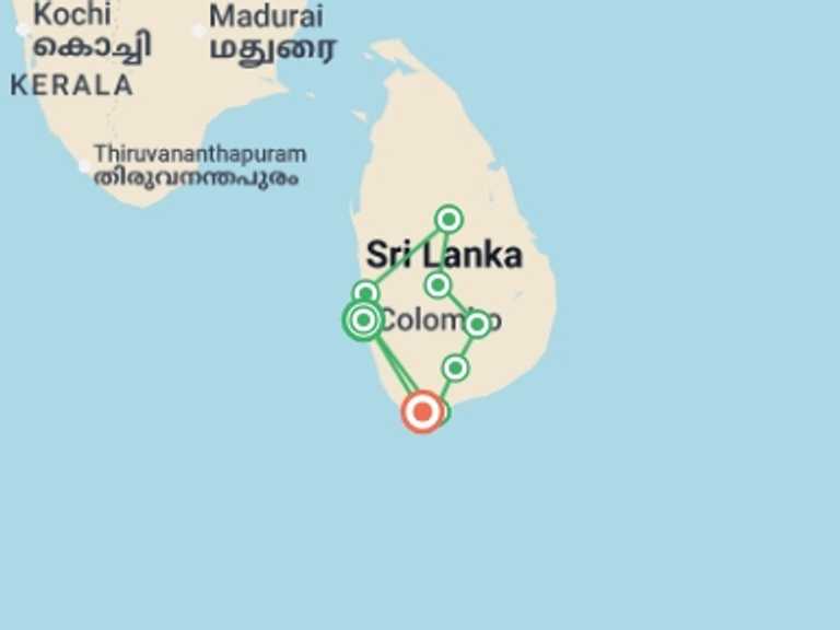Map of Sri Lanka Tour with 8 destination visits for the trip: Negombo to Mirissa Adventure  - 12 days