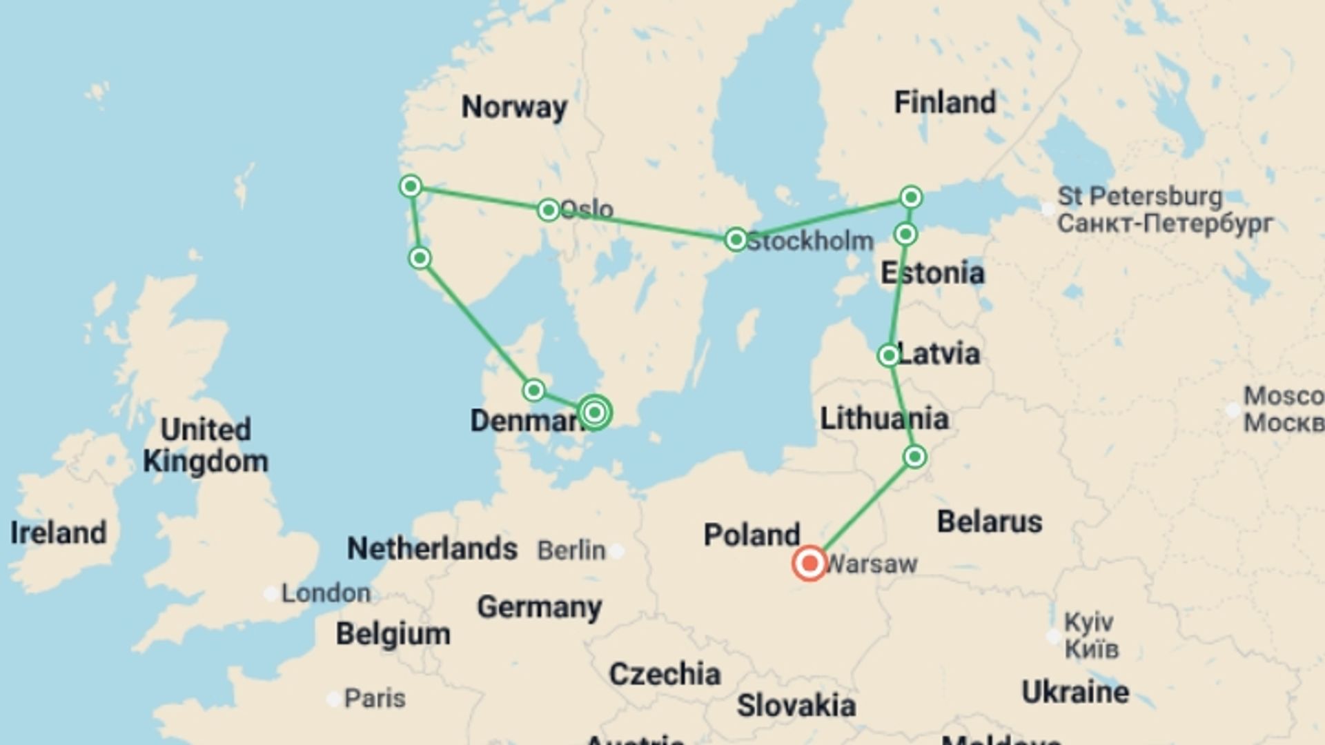 A map showing the tour itinerary for the trip: ScanBaltic Tour, starting in Copenhagen, Denmark and ending in Warsaw, Poland going through 9 other destinations.