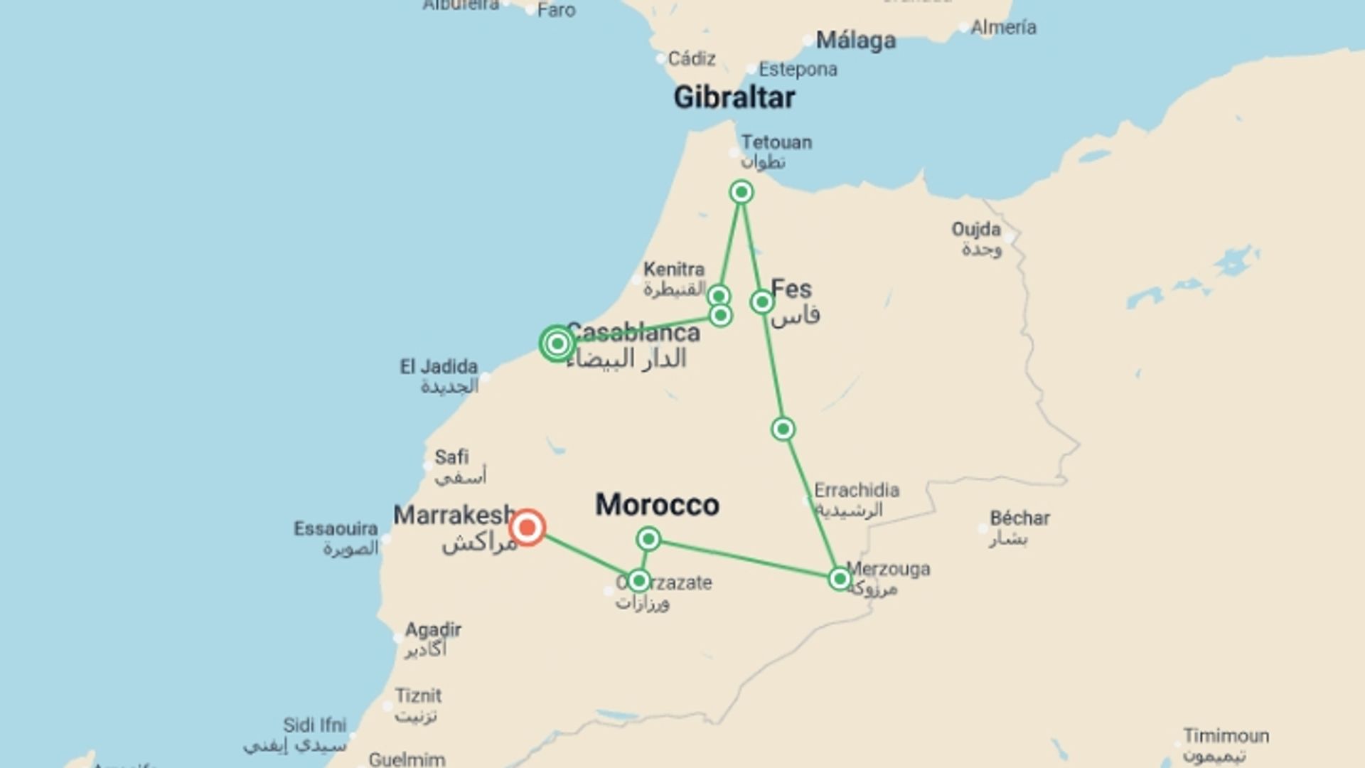 A map showing the tour itinerary for the trip: Morocco Uncovered, starting in Casablanca, Morocco and ending in Marrakech, Morocco going through 7 other destinations.