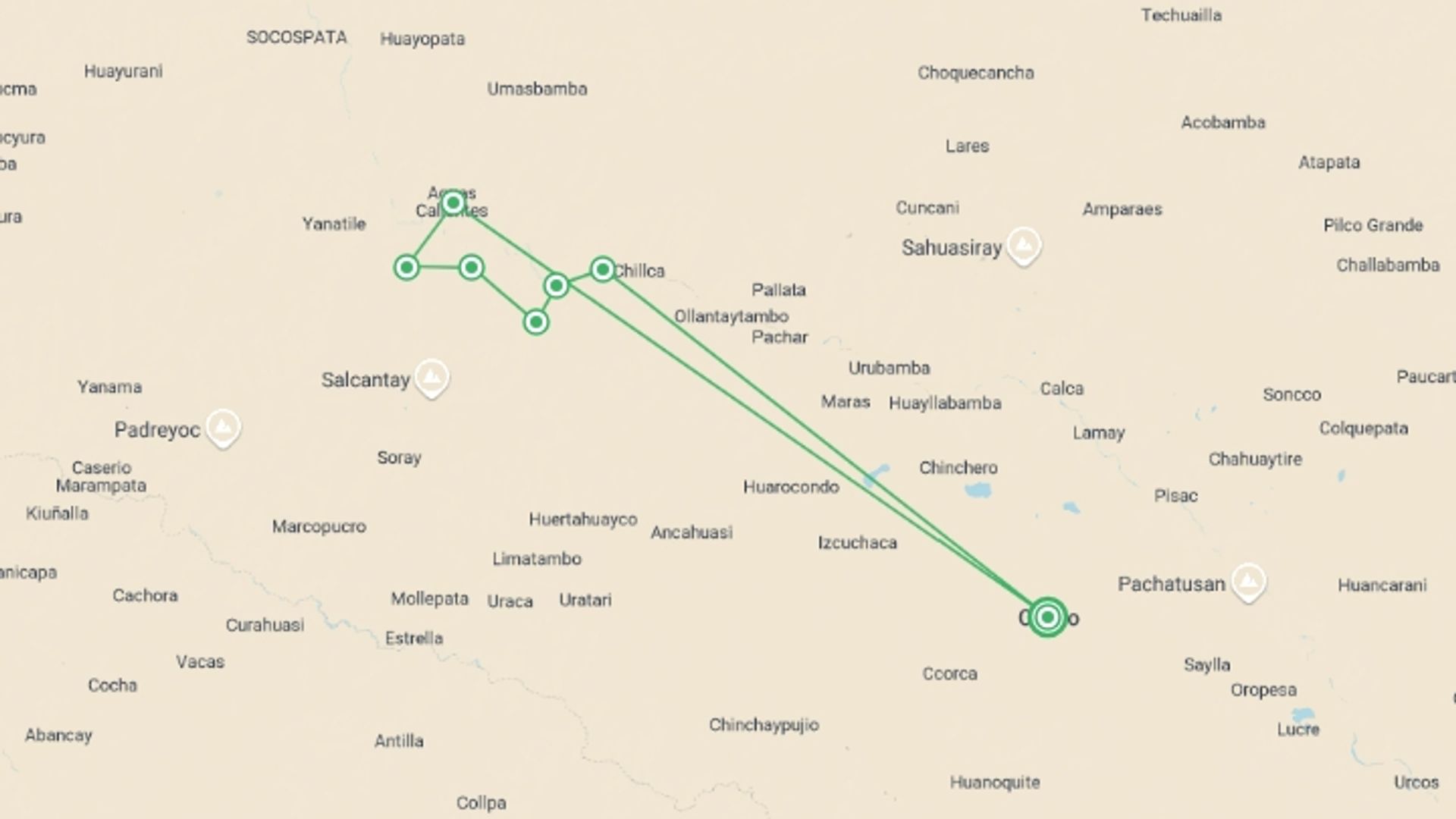 A map showing the tour itinerary for the trip: Classic Inca Trail to Machu Picchu 4 days – GROUP SERVICE, starting in Cusco, Peru and ending in Cusco, Peru going through 5 other destinations.