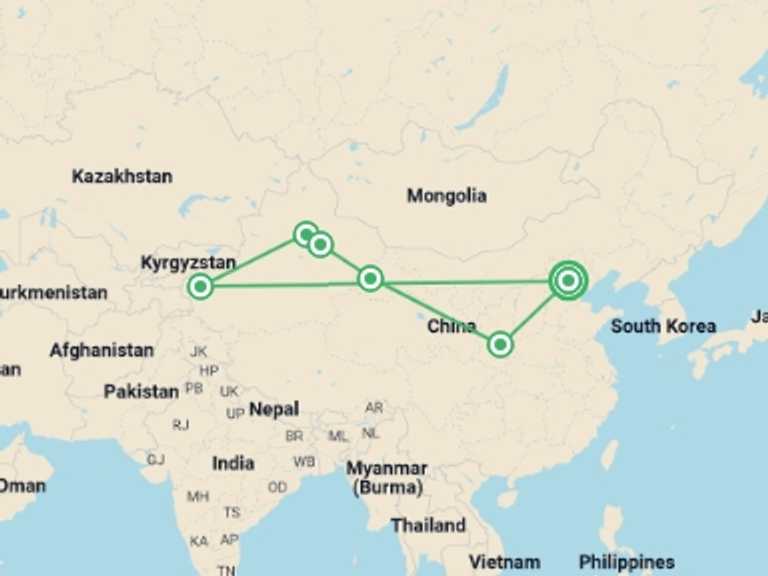 Map itinerary of Asia Tour in May 2026 with 6 destination visits for the trip: Secrets of the Silk Road (4-5 Star) - 14 days