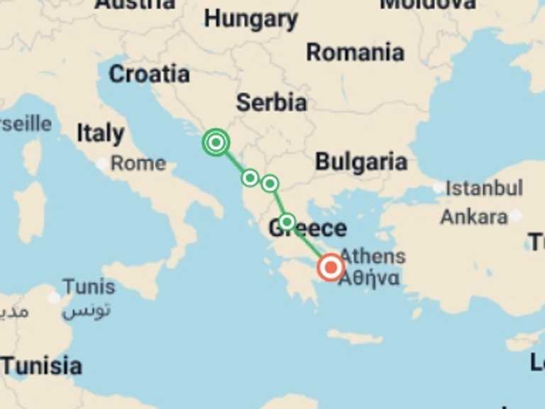 Map itinerary of Europe Tour in March 2027 with 5 destination visits for the trip: Dubrovnik and Athens