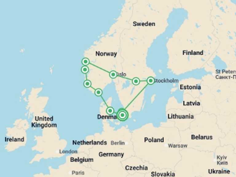 Map of Europe Tour with 6 destination visits for the trip: Great Scandinavia