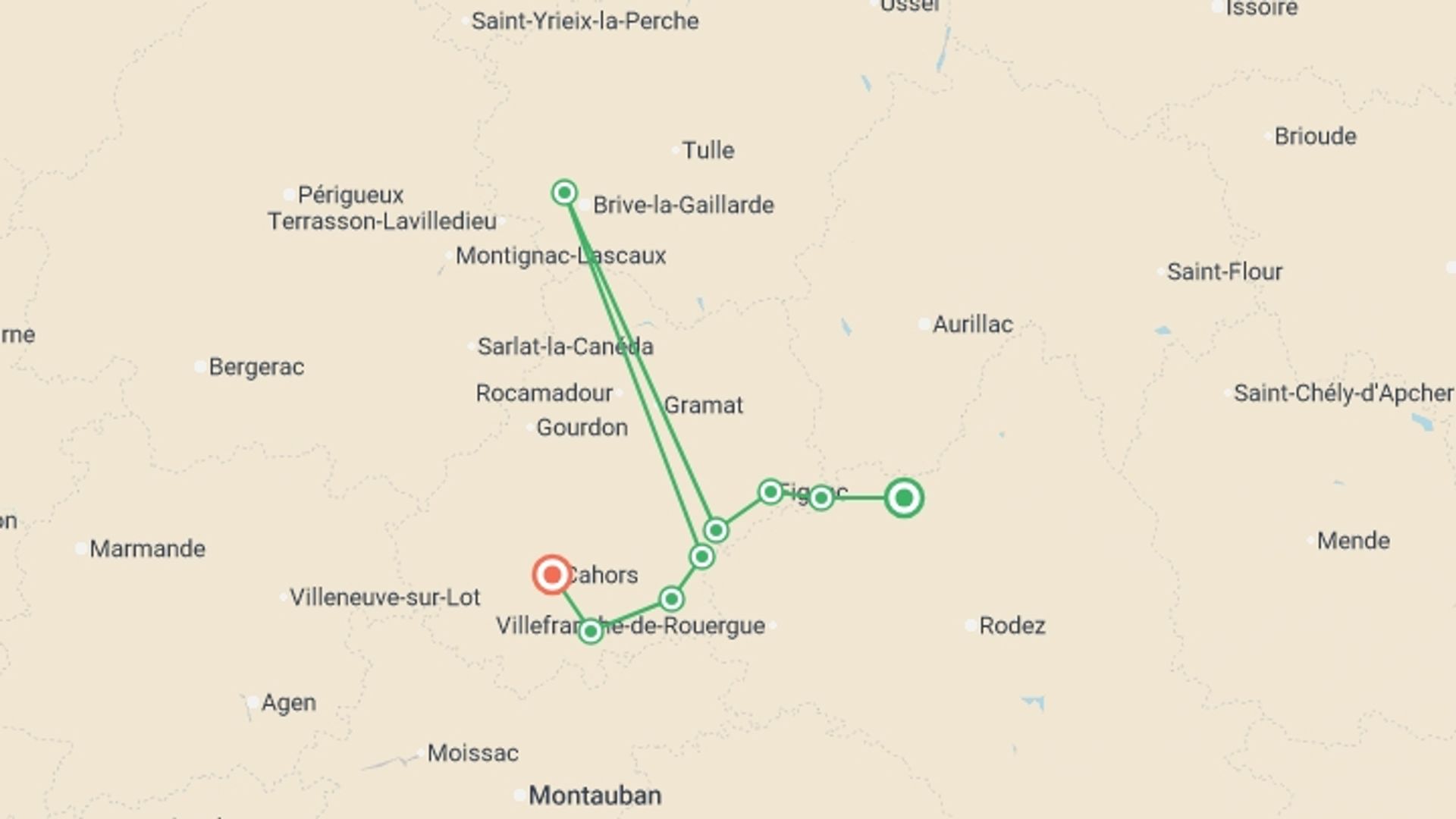 A map showing the tour itinerary for the trip: Le Puy Camino - Conques to Cahors, starting in The Way of St. James, France and ending in Cahors, France going through 7 other destinations.