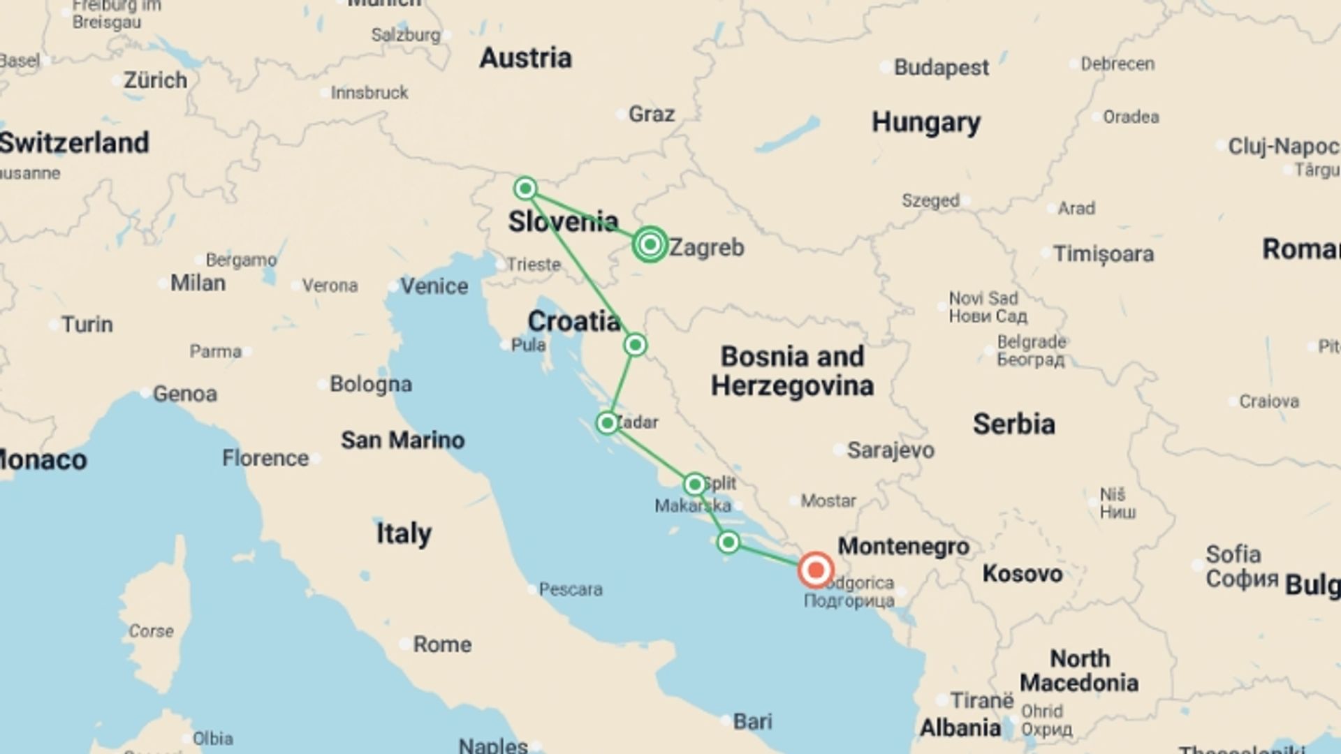 A map showing the tour itinerary for the trip: Western Balkans Discovery - 7 days, starting in Zagreb, Croatia and ending in Dubrovnik, Croatia going through 5 other destinations.