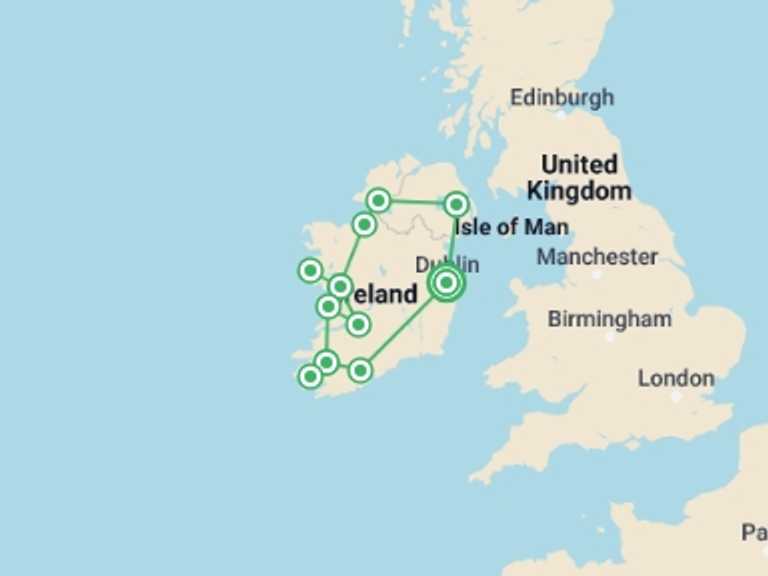 Map itinerary of Ireland Tour in August 2026 with 6 destination visits for the trip: Explore Ireland
