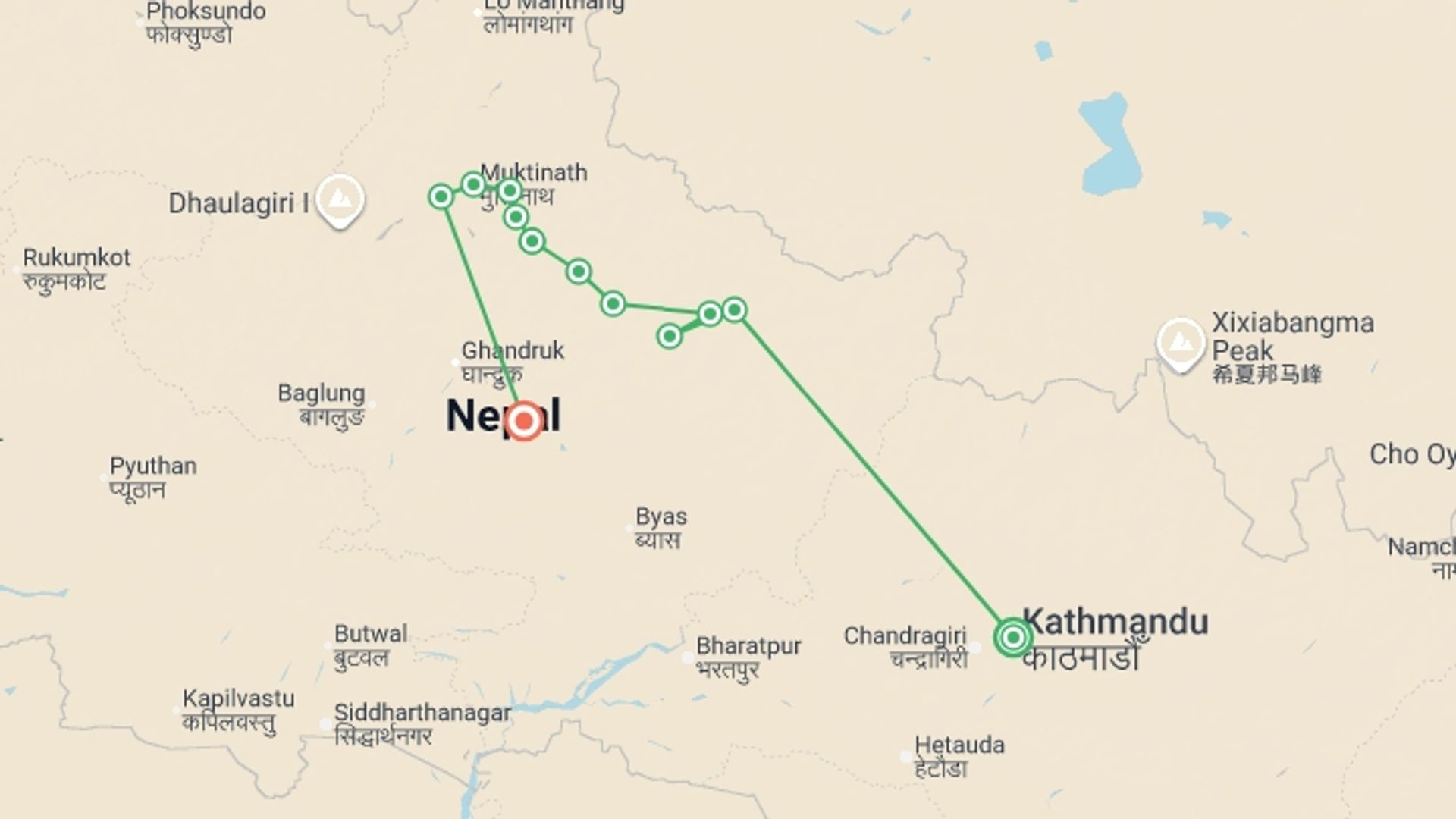 A map showing the tour itinerary for the trip: Annapurna Circuit Trek, starting in Kathmandu, Nepal and ending in Pokhara, Nepal going through 10 other destinations.
