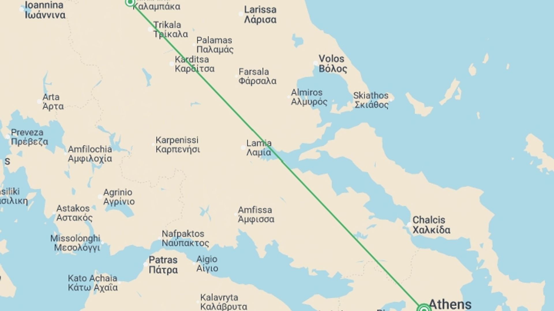 A map showing the tour itinerary for the trip: Greece Odyssey Ancient Wonders and Traditions - 4 days, starting in Athens, Greece and ending in Athens, Greece going through 1 other destinations.