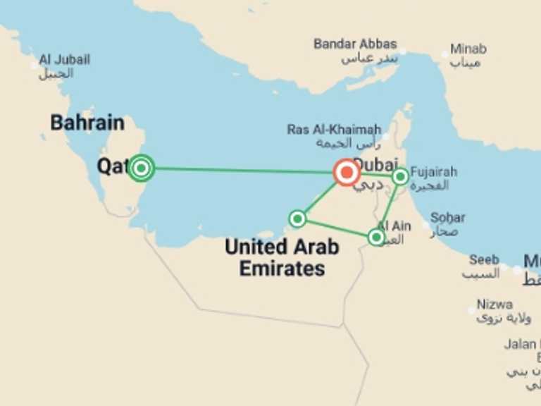 Map of Asia Tour with 5 destination visits for the trip: Qatar, Dubai, and the United Arab Emirates