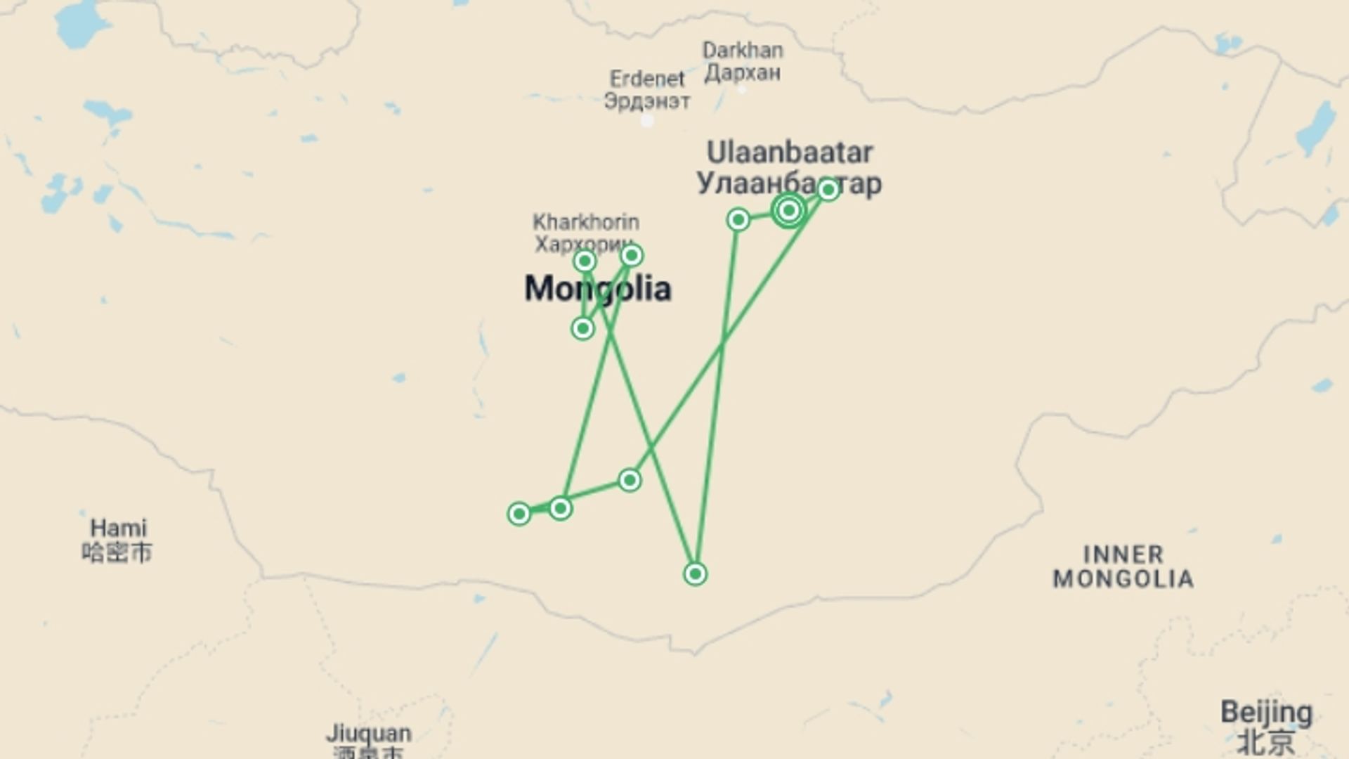A map showing the tour itinerary for the trip: Discover Mongolia, starting in Ulaanbaatar, Mongolia and ending in Ulaanbaatar, Mongolia going through 9 other destinations.