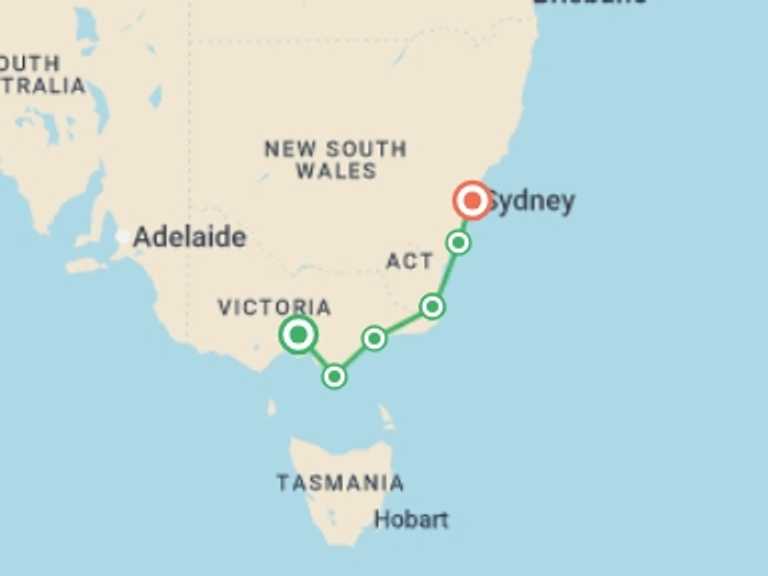 Map itinerary of Melbourne Tour in October 2026 with 6 destination visits for the trip: Melbourne to Sydney Adventure