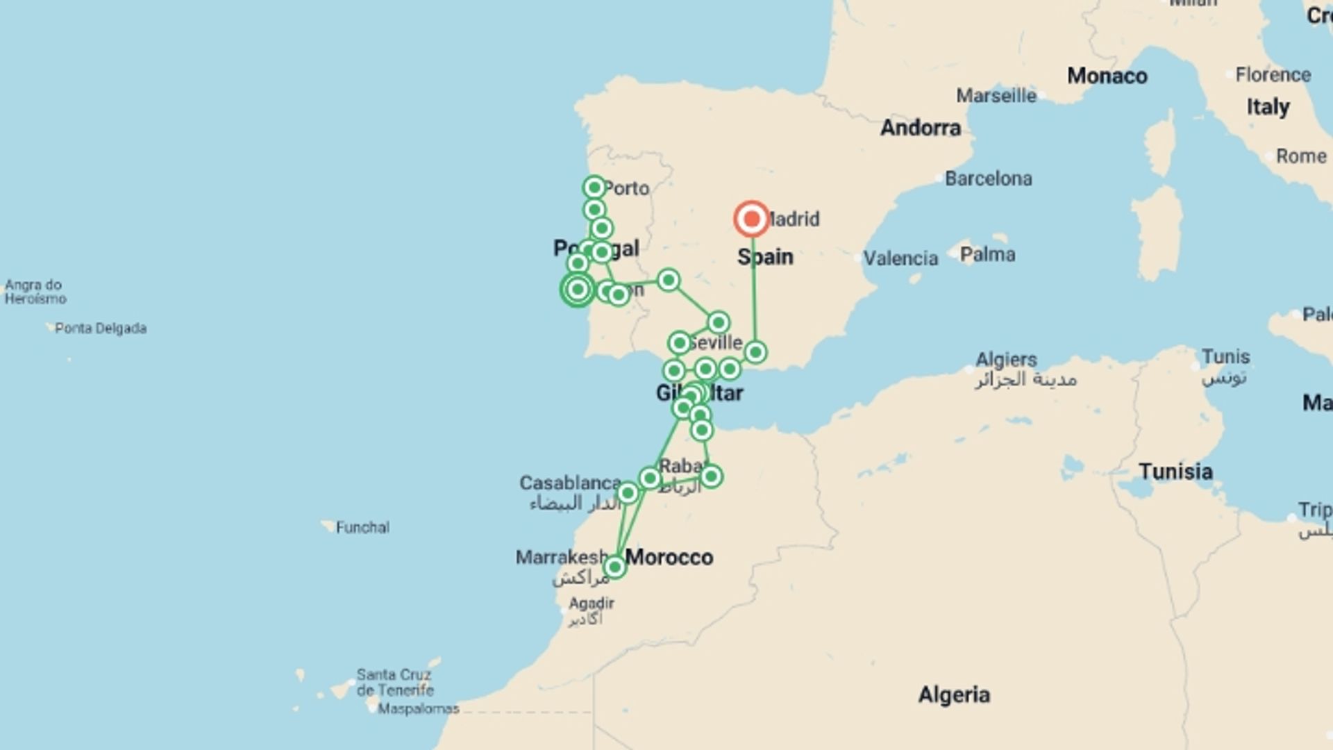 A map showing the tour itinerary for the trip: Highlights of Iberia & Morocco - 22 days, starting in Lisbon, Portugal and ending in Madrid, Spain going through 12 other destinations.