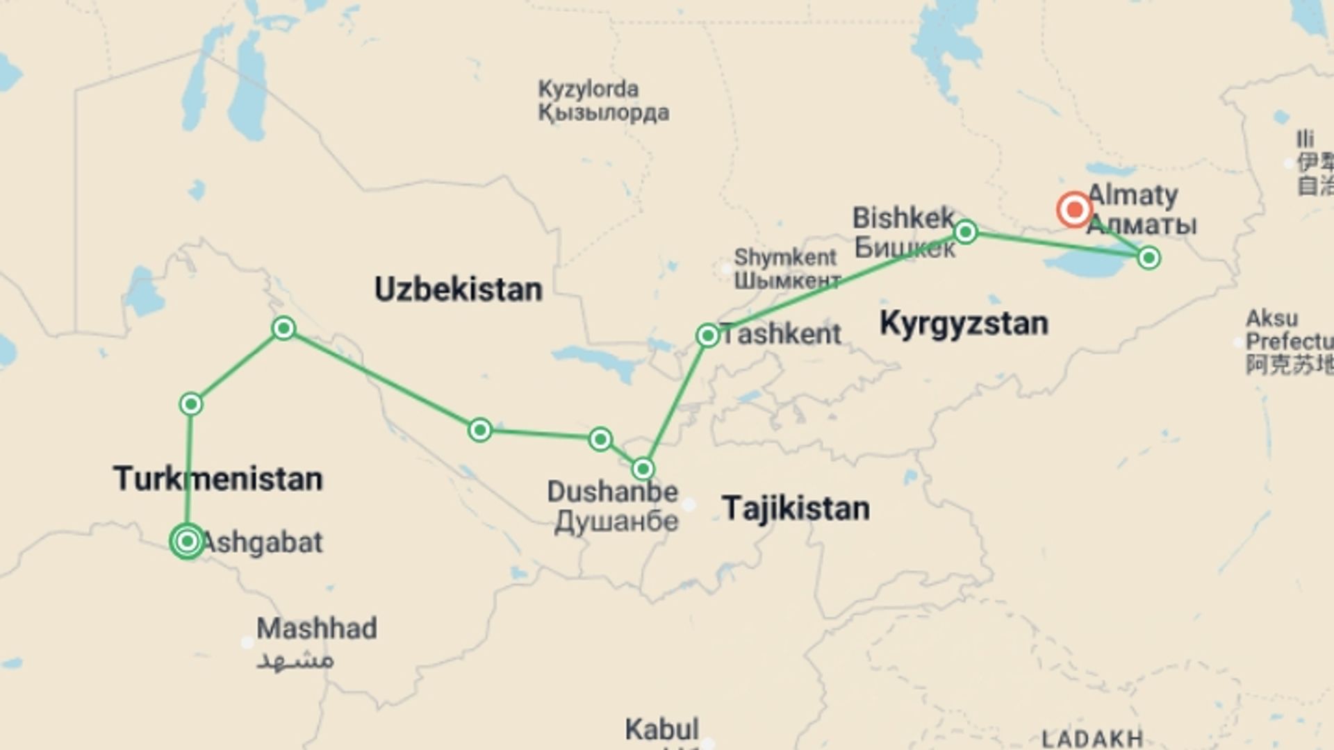 A map showing the tour itinerary for the trip: Five Stans: Silk Road Highlights, starting in Ashgabat, Turkmenistan and ending in Almaty, Kazakhstan going through 8 other destinations.