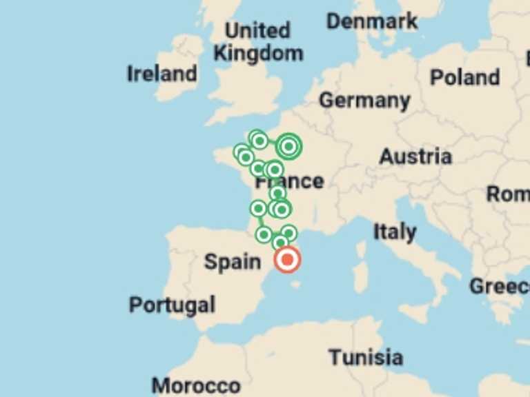 Map itinerary of Europe Tour in Spring with 10 destination visits for the trip: Lovely France with Barcelona