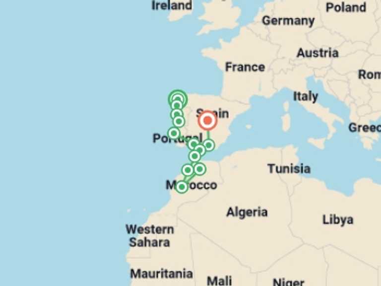 Map itinerary of Europe Tour in May 2026 with 13 destination visits for the trip: Santiago to Portugal, Morocco & Madrid - 19 days