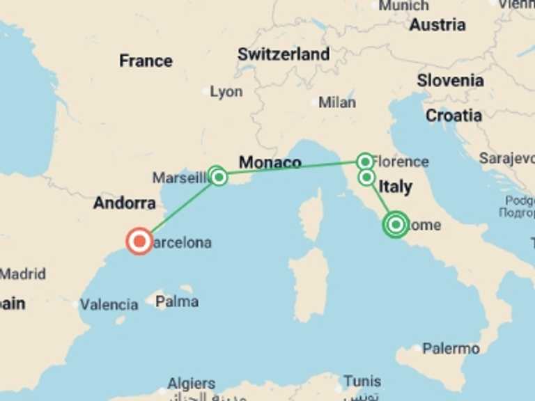 Map itinerary of Barcelona Tour in October 2026 with 6 destination visits for the trip: Rome, Tuscany, Côte d Azur, Provence and Barcelona