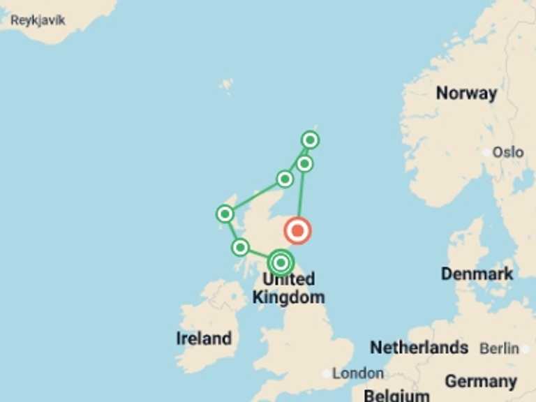 Map itinerary of Scotland Tour in May 2027 with 8 destination visits for the trip: Wild Scotland - M/V Greg Mortimer