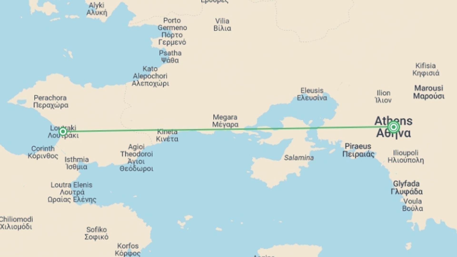 A map showing the tour itinerary for the trip: Greece Express: Athens & Greek Riviera, starting in Athens, Greece and ending in Athens, Greece going through 1 other destinations.