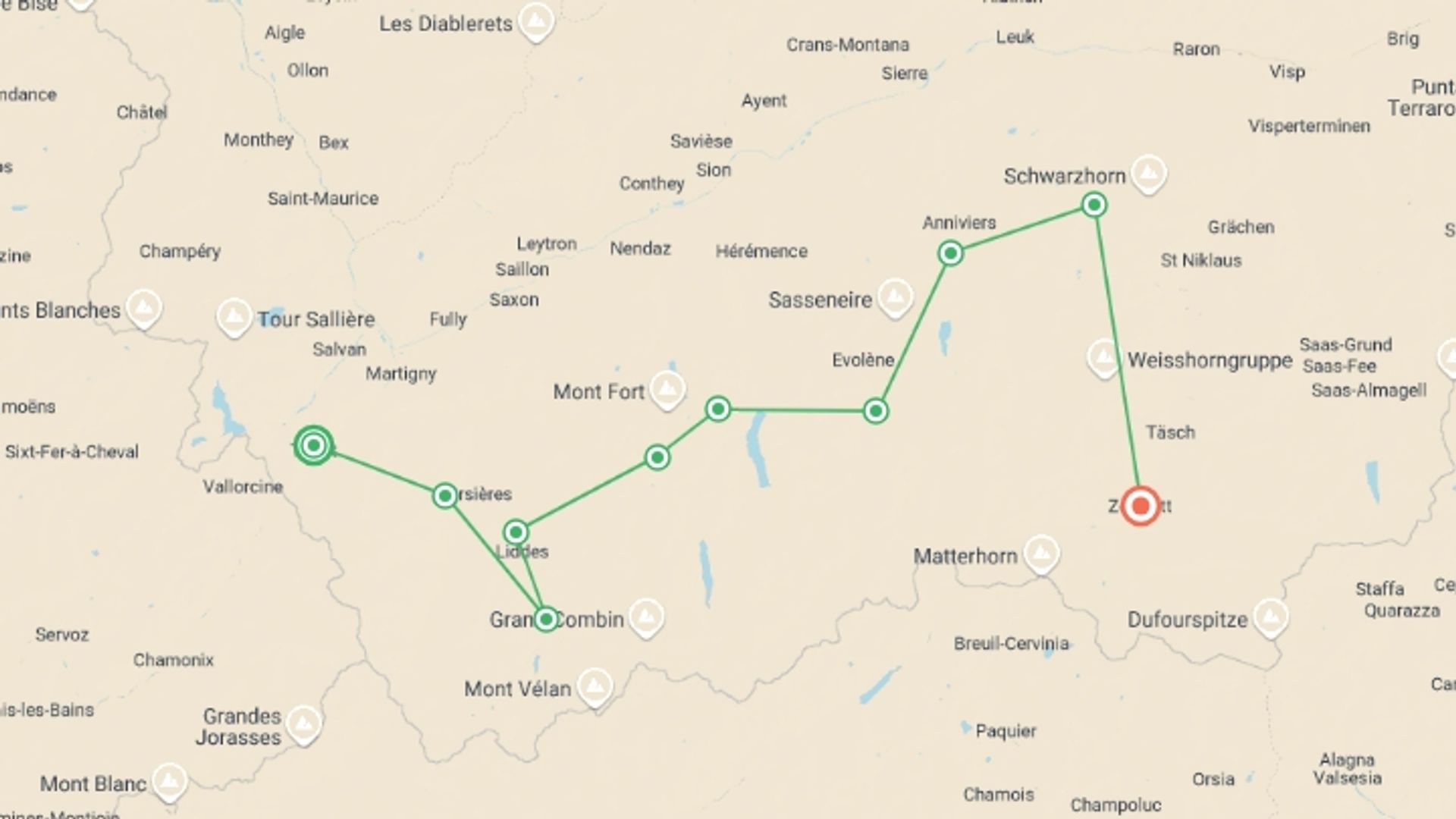 A map showing the tour itinerary for the trip: Chamonix to Zermatt Guided Hike, starting in Trient, Switzerland and ending in Zermatt, Switzerland going through 8 other destinations.