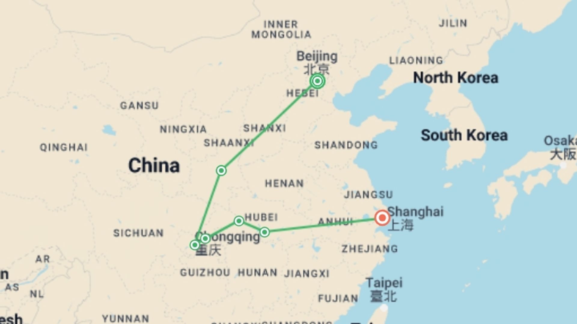 A map showing the tour itinerary for the trip: 12-Day Private Tour of China , starting in Beijing, China and ending in Shanghai, China going through 5 other destinations.