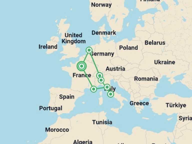 Map itinerary of Rome Tour in August 2026 with 7 destination visits for the trip: Central & Western Europe: Main Cities & More