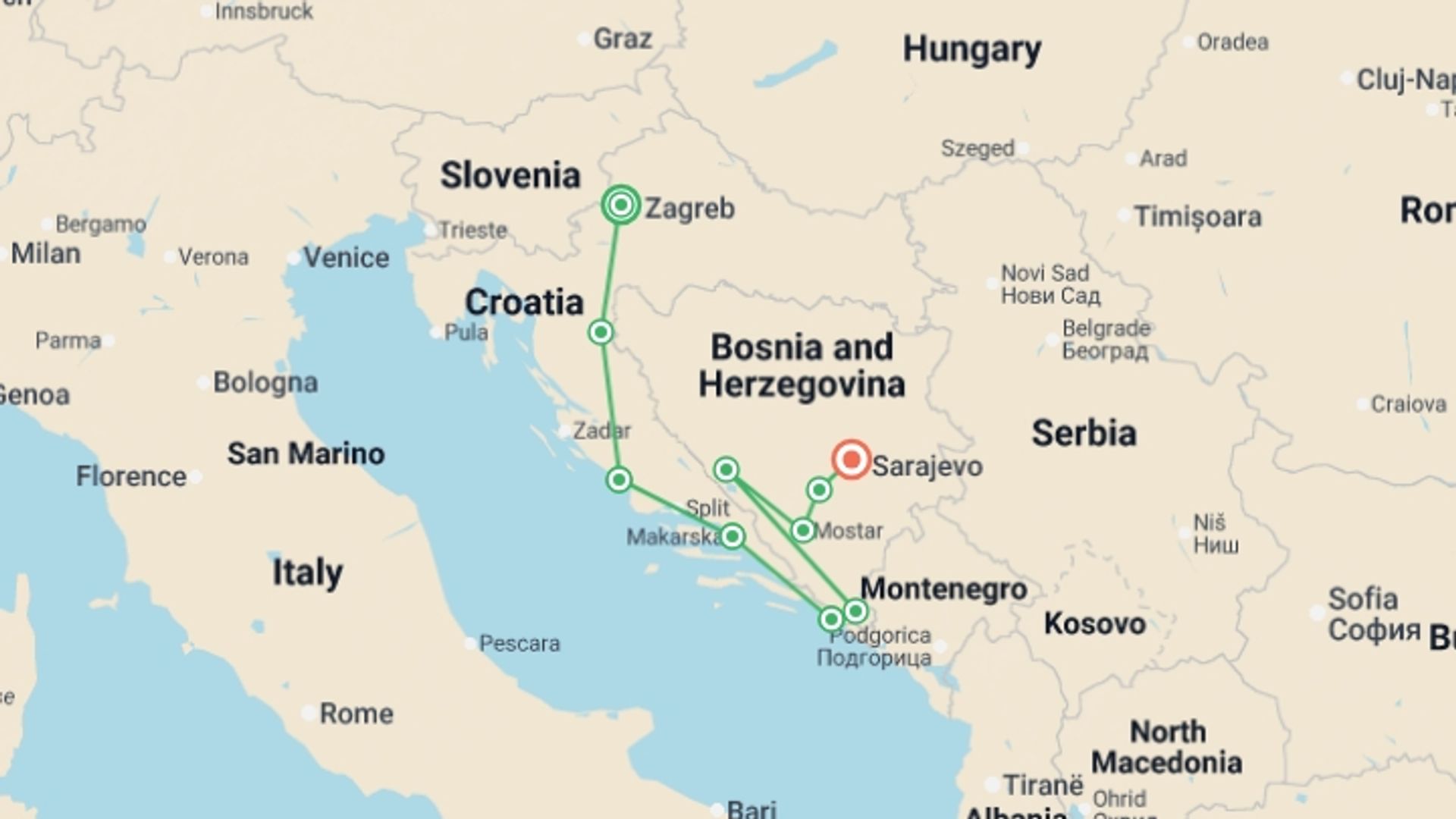 A map showing the tour itinerary for the trip: Classic Balkans:  Zagreb to Sarajevo, starting in Zagreb, Croatia and ending in Sarajevo, Bosnia Herzegovina going through 8 other destinations.