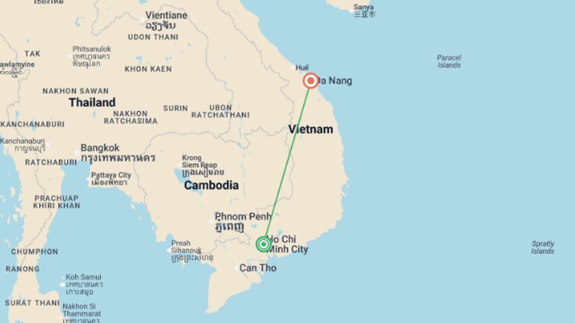A map showing the tour itinerary for the trip: Saigon & Danang Beach (Superior) - 8 days , starting in Ho Chi Minh City, Vietnam and ending in Da Nang, Vietnam going through 0 other destinations.