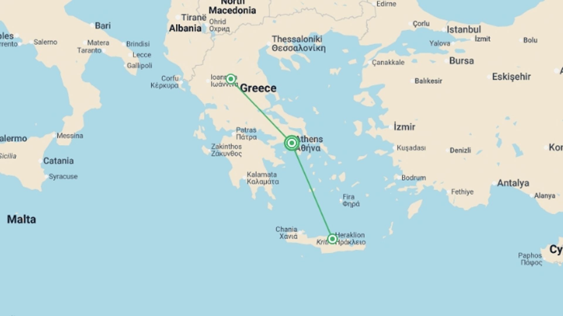 A map showing the tour itinerary for the trip: Crete and Northern Greece, starting in Athens, Greece and ending in Athens, Greece going through 2 other destinations.