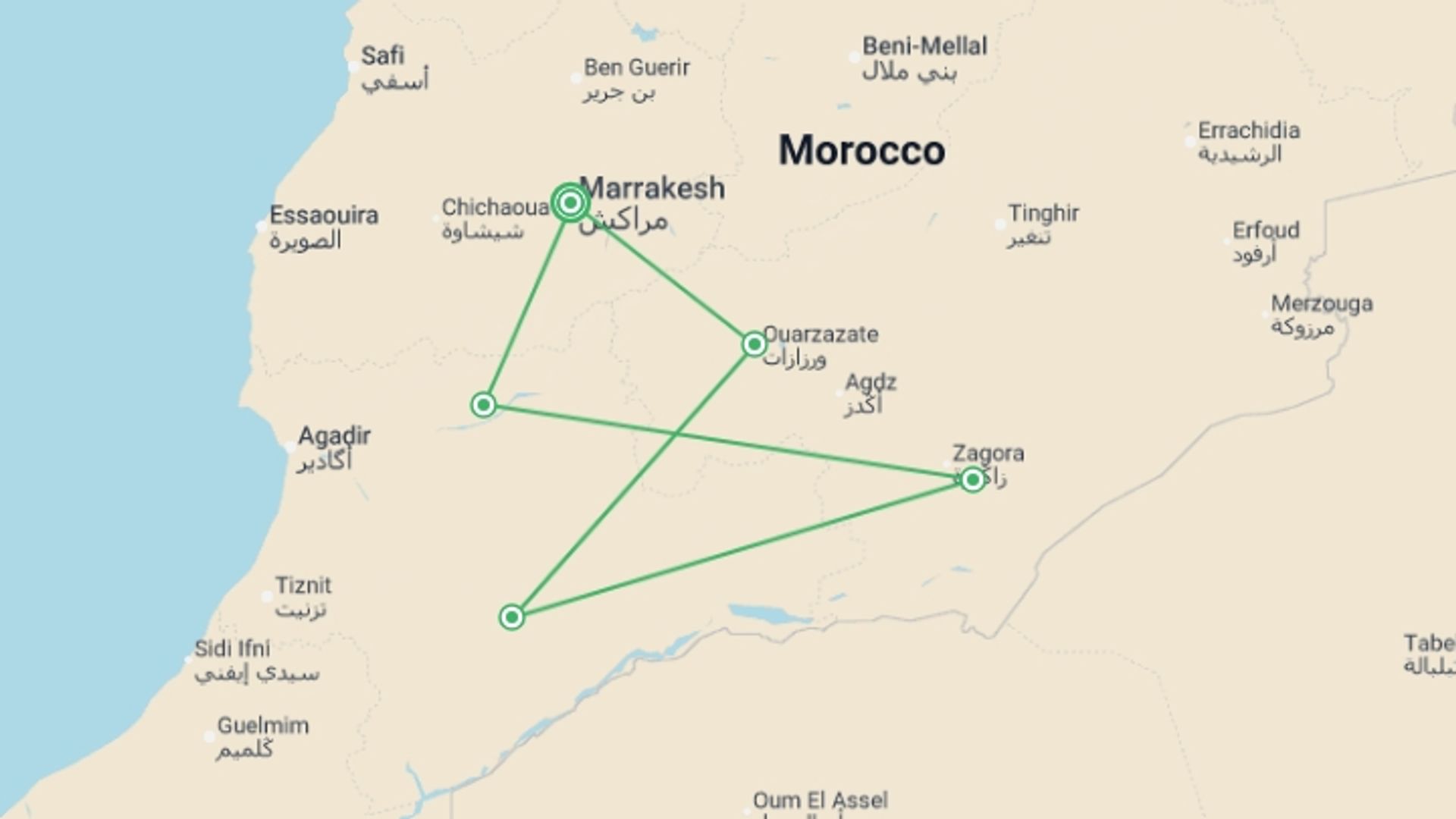 A map showing the tour itinerary for the trip: Sahara And High Atlas, Private Tour, starting in Marrakech, Morocco and ending in Marrakech, Morocco going through 3 other destinations.