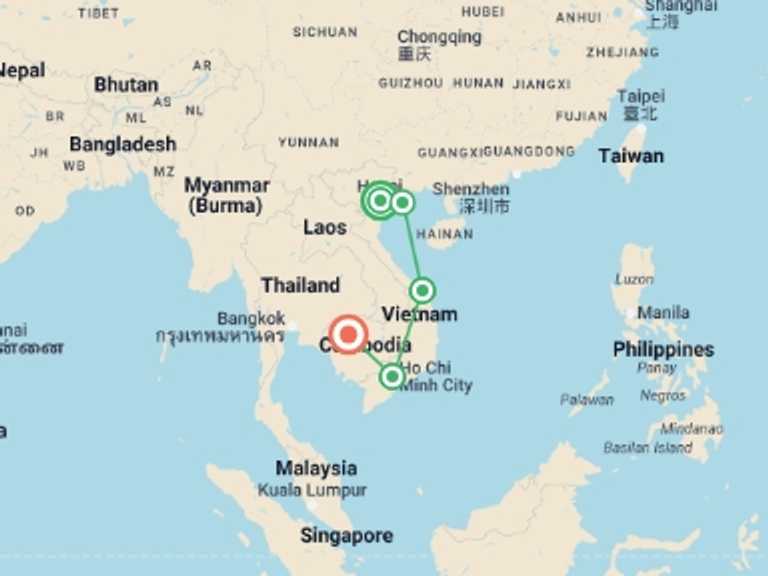 Map itinerary of Hanoi Tour in September 2027 with 5 destination visits for the trip: 14 Days Tour Exploring Best Of Vietnam &  Cambodia