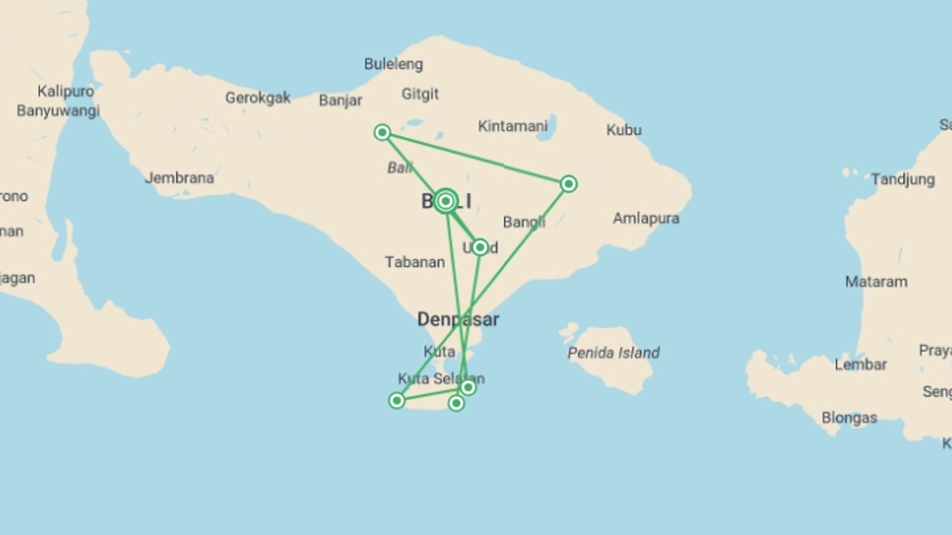 A map showing the tour itinerary for the trip: Bali Authentique In 10 Days, starting in Bali, Indonesia and ending in Bali, Indonesia going through 6 other destinations.