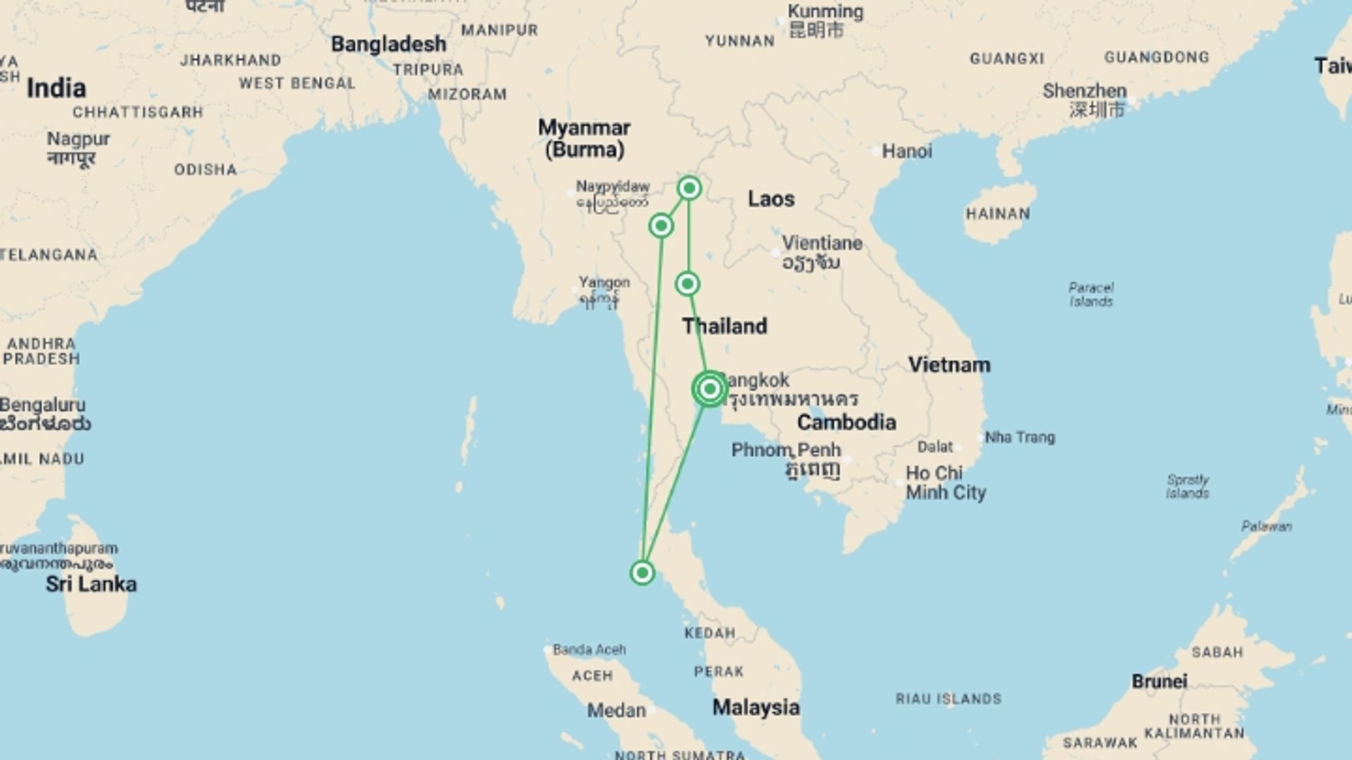 A map showing the tour itinerary for the trip: Wonders of Thailand Discovering Ancient Wonders and Natural Beauty from Bangkok to Phuket, starting in Bangkok, Thailand and ending in Bangkok, Thailand going through 4 other destinations.