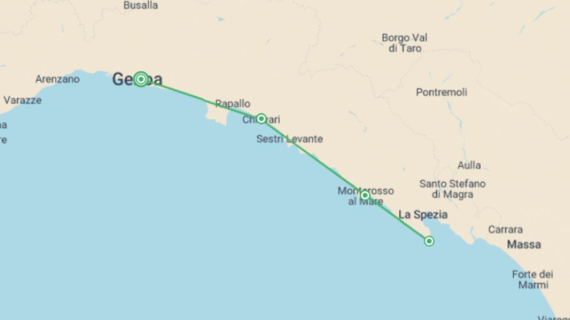A map showing the tour itinerary for the trip: Walks & Food of the Italian Riviera, starting in Genoa, Italy and ending in Genoa, Italy going through 3 other destinations.
