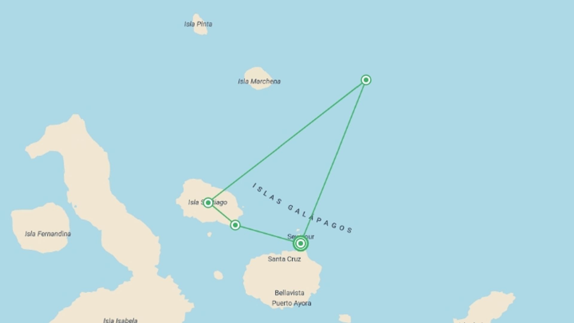 A map showing the tour itinerary for the trip: YACHT LA PINTA ORIGIN OF SPECIES ADVENTURE (Mon - Fri), starting in Baltra Island, Ecuador and ending in Baltra Island, Ecuador going through 5 other destinations.