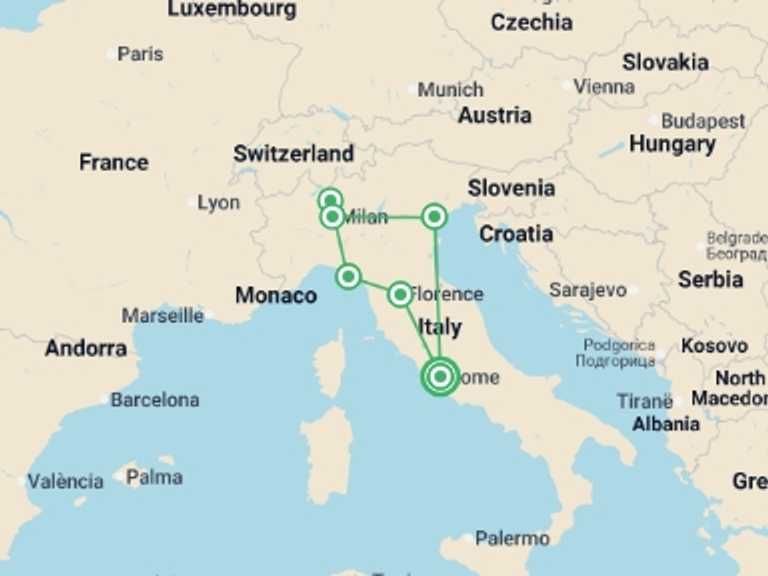 Map itinerary of Europe Tour in June 2026 with 5 destination visits for the trip: Italian Espresso