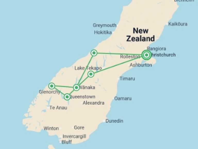 Map itinerary of Oceania Tour in February 2027 with 6 destination visits for the trip: New Zealand's Southern Drift
