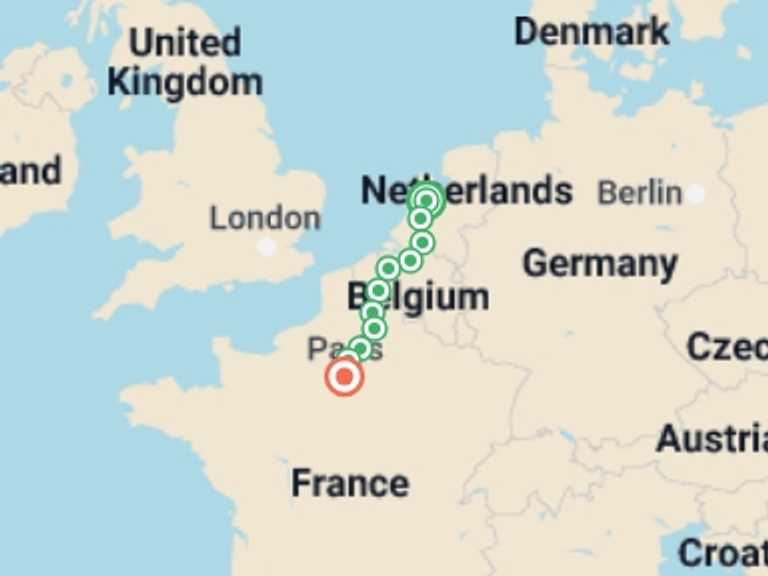 Map itinerary of Amsterdam Tour in August 2026 with 11 destination visits for the trip: Cycle Amsterdam to Paris