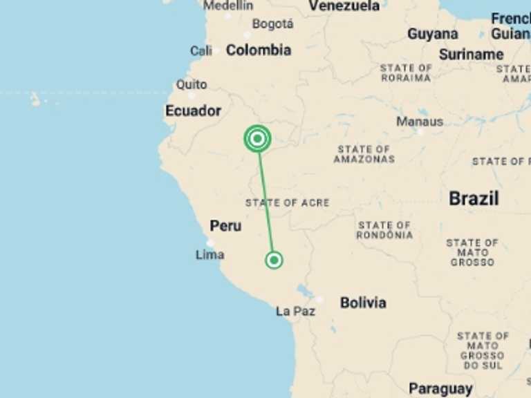 Map itinerary of Peru Tour in October 2025 with 2 destination visits for the trip: 4-Day Trip to Pacaya Samiria Amazon Lodge