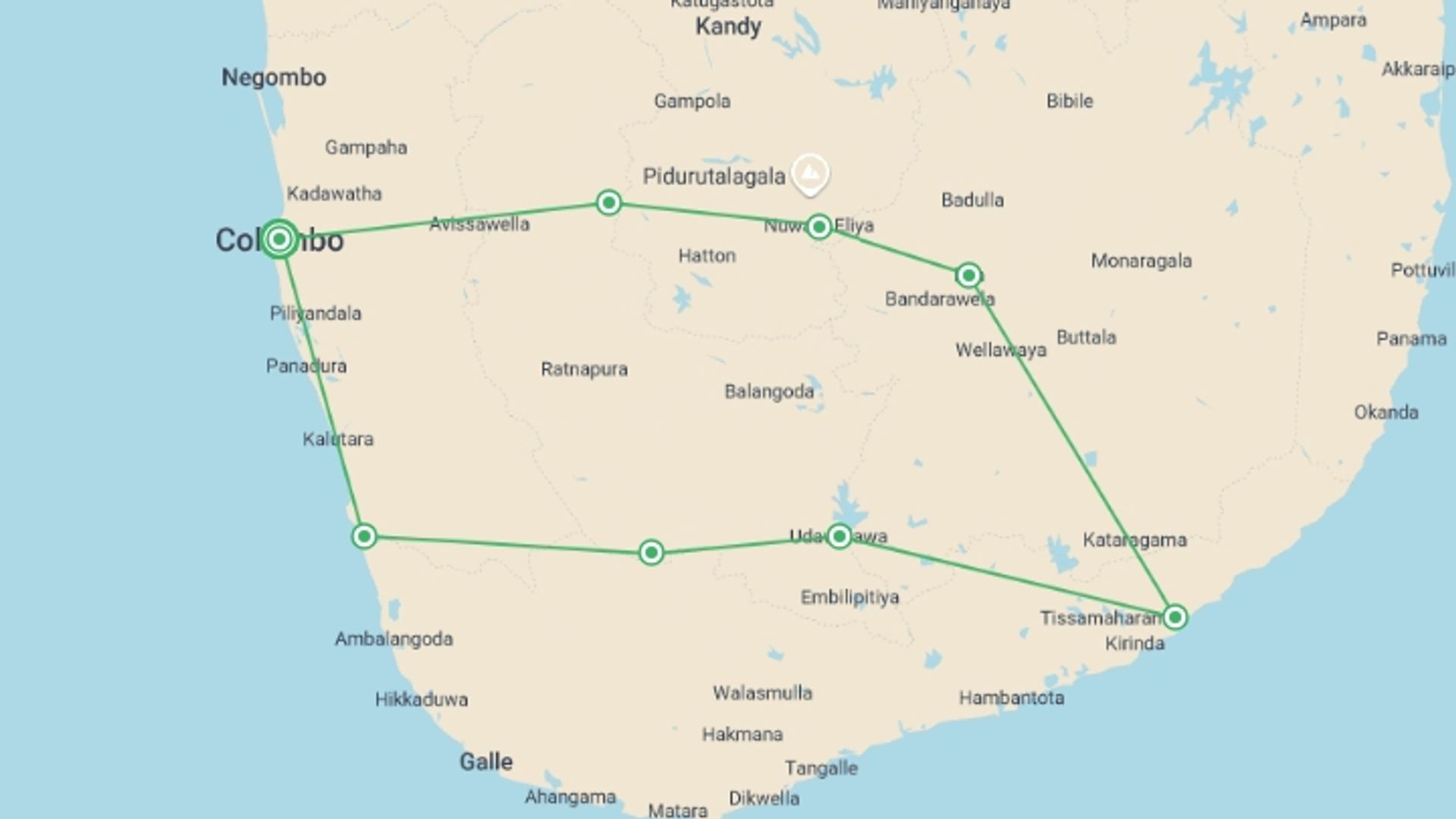 A map showing the tour itinerary for the trip: Sri Lanka Wildlife and Adventure Tour: 8 Days, starting in Colombo, Sri Lanka and ending in Colombo, Sri Lanka going through 5 other destinations.