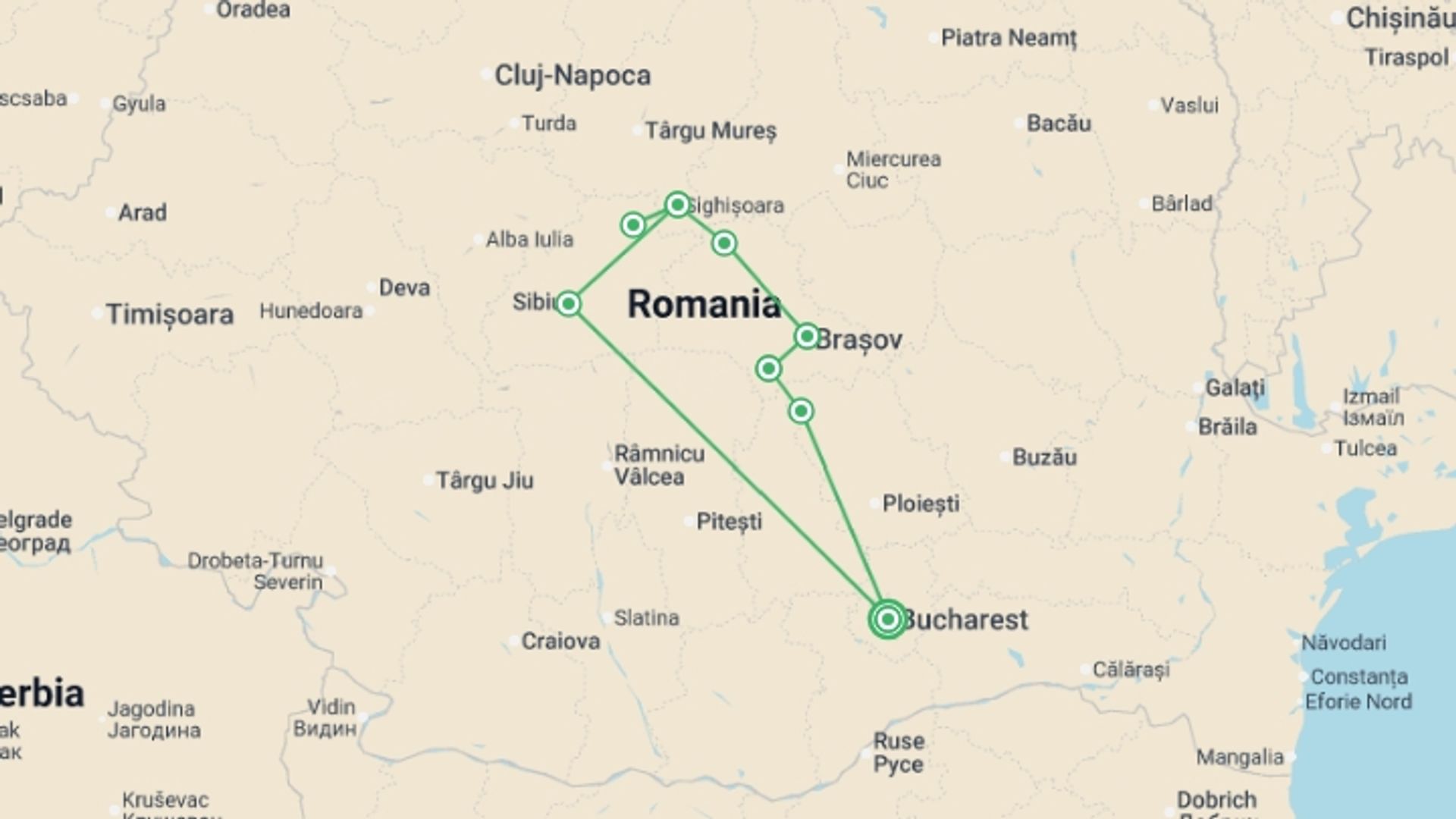 A map showing the tour itinerary for the trip: Transylvanian Delights - Guaranteed Departures, starting in Bucharest, Romania and ending in Bucharest, Romania going through 3 other destinations.