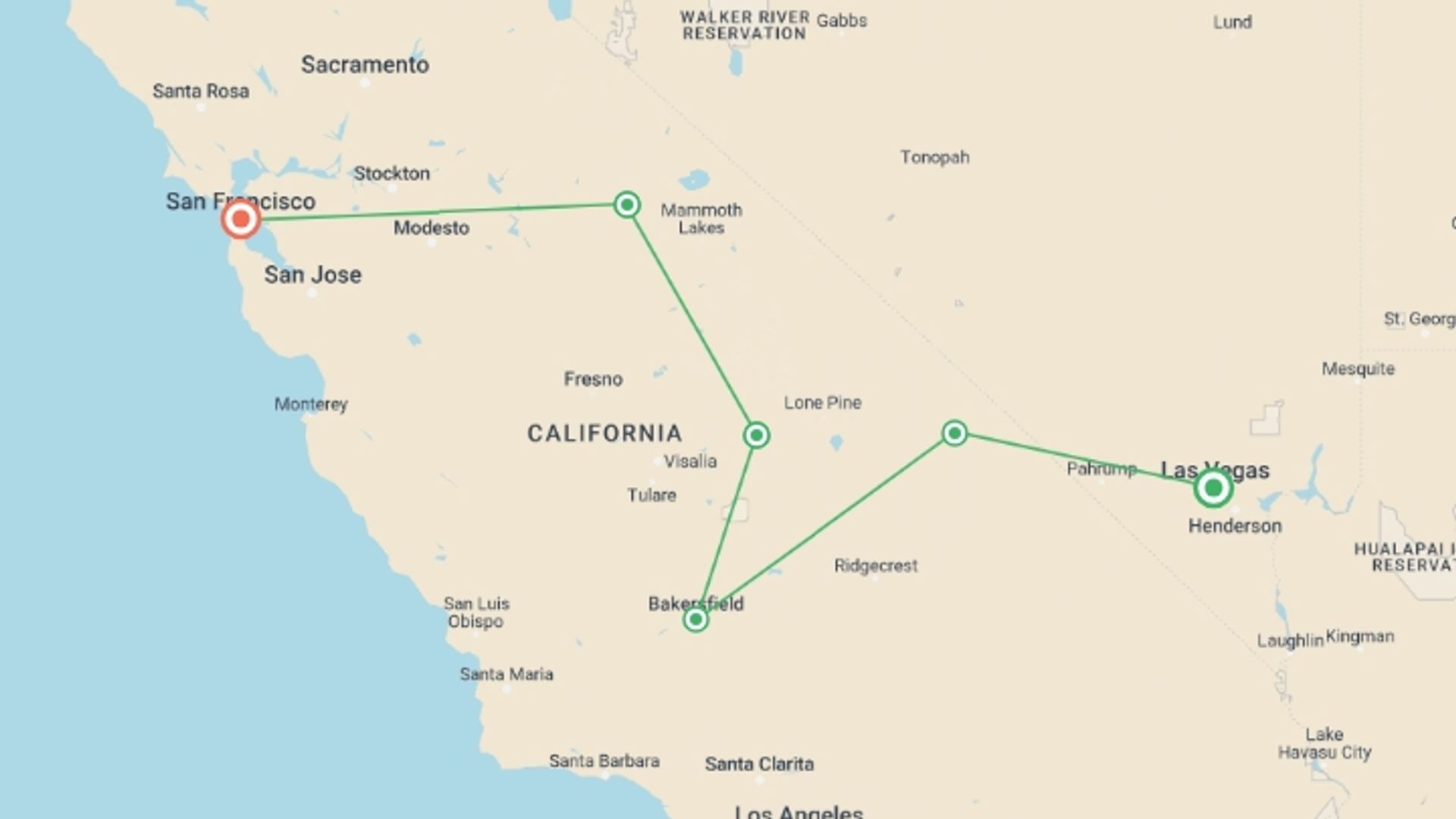 A map showing the tour itinerary for the trip: California National Park Discovery, starting in Las Vegas, USA and ending in San Francisco, USA going through 3 other destinations.