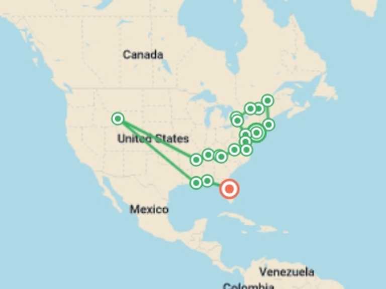 Map itinerary of Canada Tour in August 2026 with 15 destination visits for the trip: The American East & Niagara Falls - 19 days