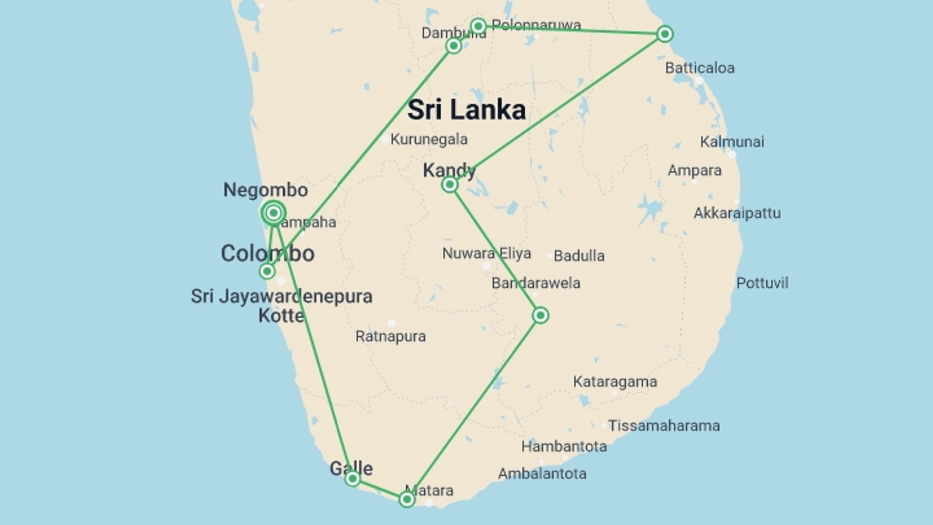 A map showing the tour itinerary for the trip: Love Trail: Honeymoon Package for Summer, starting in Katunayake, Sri Lanka and ending in Katunayake, Sri Lanka going through 9 other destinations.